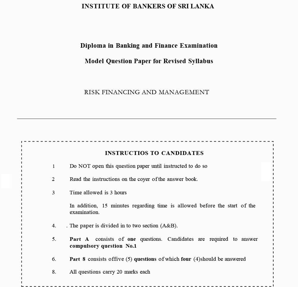 IBSL Diploma in Banking and Finance - Risk Finance and Management Model Paper